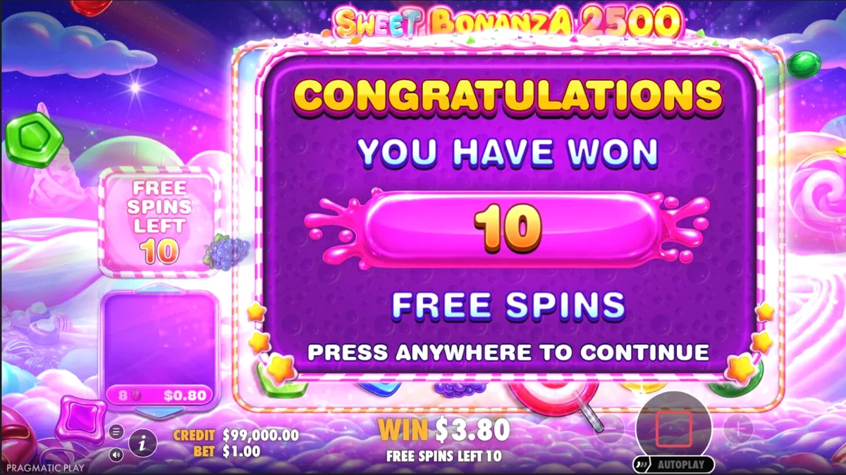 Sweet Bonanza 2500 slot game interface with colourful candy theme