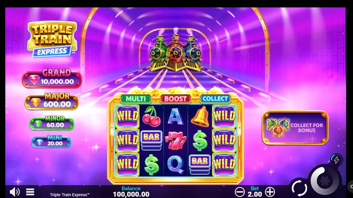 Tampilan visual futuristik dari slot Triple Train Express dengan kereta neon